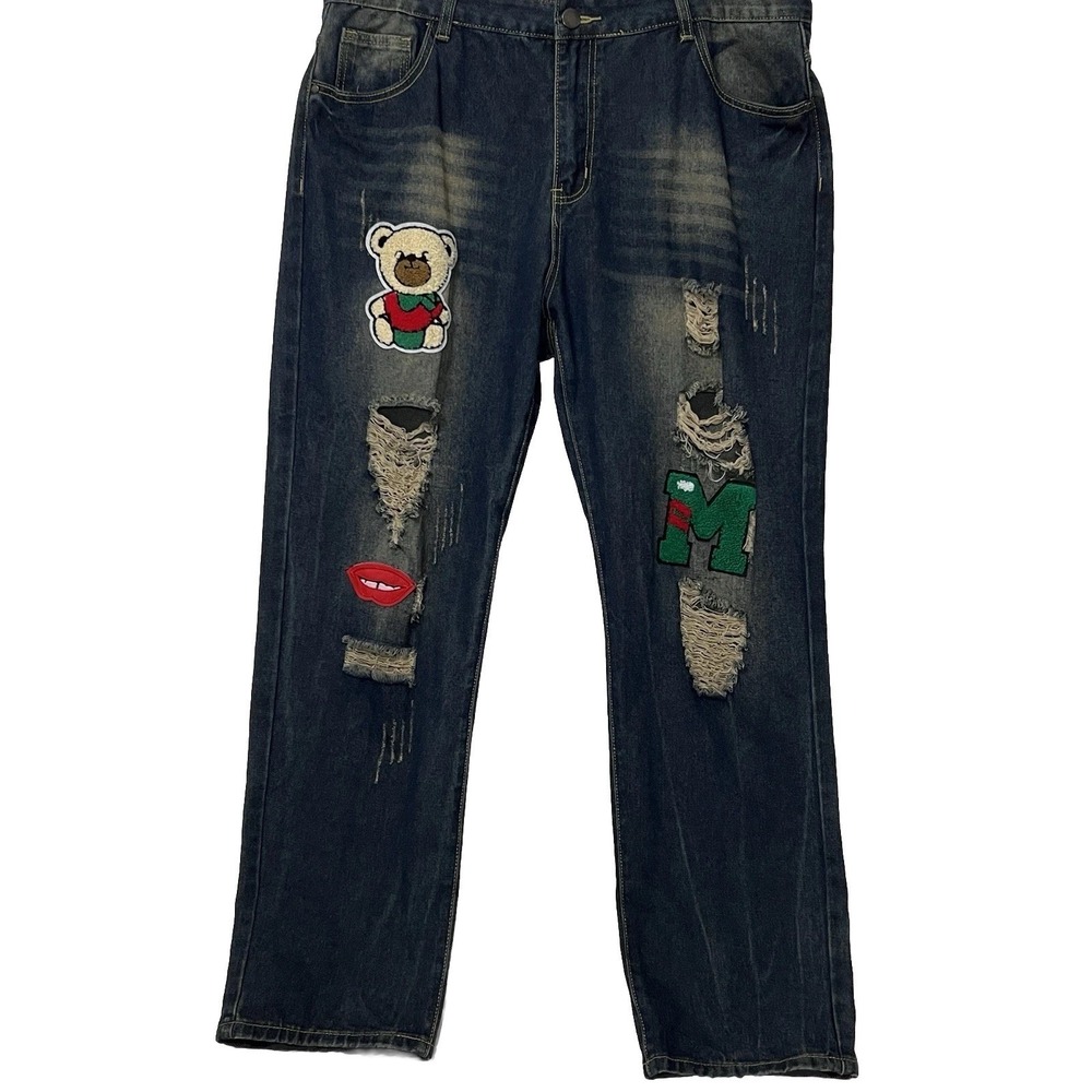 Frayed Denim Straight Jeans Distressed Patches Torn Ripped Retro Y2K 42 See Meas